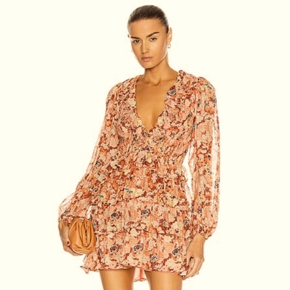**NWT Ulla Johnson Tamara Floral Long Sleeve Silk  Chiffon Coral Dress Size 8